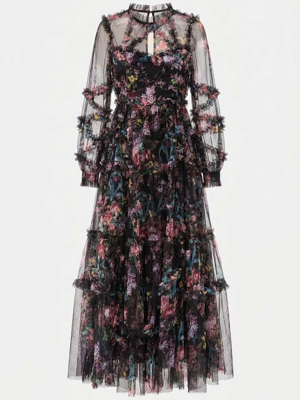 Black Floral Tiered Maxi Dress with Long Sheer Sleeves